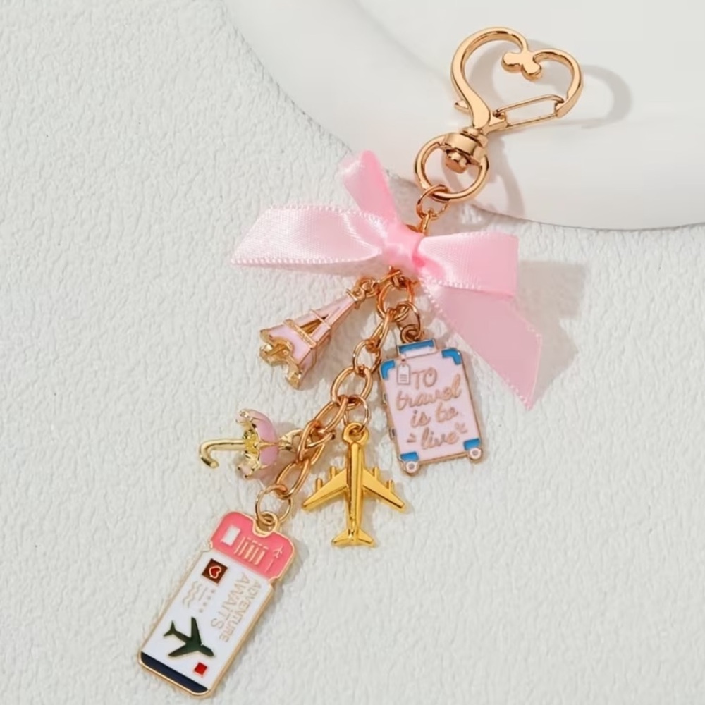 NEW Gold and Pink Travel Bag Charm Keychain with Charms